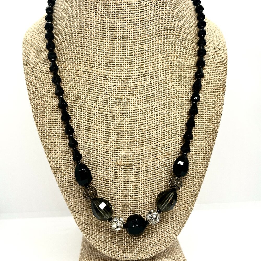 VINTAGE ART DECO Black Faceted Glass Necklace Sterling Silver Clasp Rhinestone